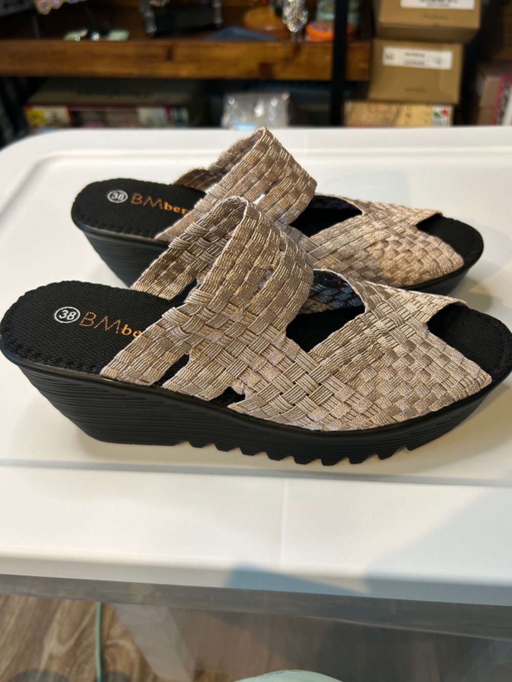 Bernie Mev. Tan Woven Platform Slide Mules